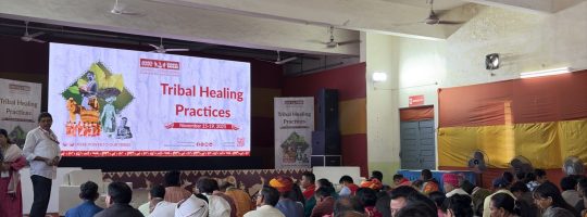A large audience sitting on the ground in front of a colorful projected screen which reads "Tribal Healing Practices"